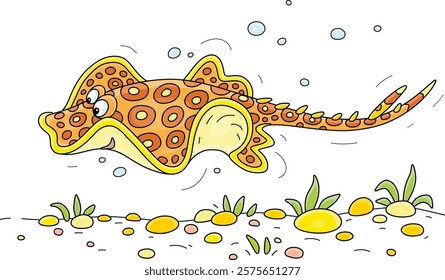 Funny spotted ray swimming over a sandy bottom with colorful round stones and small seaweeds in a tropical sea lagoon, vector cartoon illustration isolated on a white background