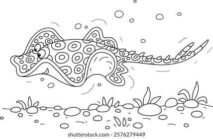 Funny spotted ray swimming over a sandy bottom with round stones and small seaweeds in a tropical sea lagoon, black and white vector cartoon illustration for a coloring book