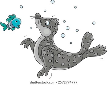 Funny spotted seal playing with a small fish among bubbles in sea water, vector cartoon illustration on a white background