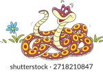 Funny spotted snake coiled in grass and friendly smiling, vector cartoon illustration on a white background