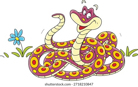Engraçado manchado cobra enrolada na grama e sorridente amigável, ilustração de desenho animado de vetor em um fundo branco