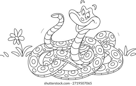Engraçado manchado cobra enrolada na grama e amigável sorrindo, preto e branco vetor ilustração para um livro de colorir