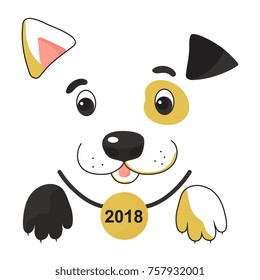 Funny spotted yellow dog in a collar with a medal. Symbol of the Chinese New Year 2018.