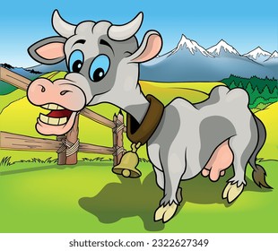 Funny Spotty Cow with a Bell on his Neck - Colored Cartoon Illustration with Background, Vector