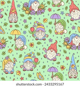 Funny spring gnomes seamless pattern. Garden gnome hat on eyes cute nose. Spring rain repeat design. Cartoon characters adorable gnomes, flowers, butterfly, bird. Tile for paper print, textile fabric.