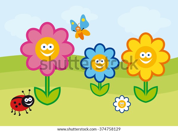 Funny Spring Illustration Vector Colorful Flowers Stock-vektor ...
