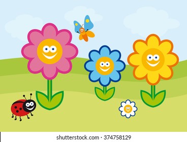 Funny spring meadow with crazy colorful cartoon flowers vector illustration. Happy smiling flower cartoon character. Children's cheerful flower landscape drawing