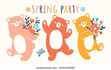 Funny spring party with colorful bears and bouquets of flowers. Naive fun doodle vector print for t shirt, sleepwear. Pajama party design. Little cute cubs doing funny things.