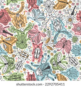 Funny spring pattern with bugs, beetles. Doodle hand drawn vector seamless art. Textile fresh design