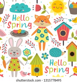 funny spring seamless pattern with cute animals - vector illustration, eps