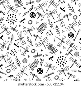 Funny spring summer insects. Dragonflies, flowers, herbs seamless pattern. Hand drawn vector black and white illustrations. Cartoon doodle. Background,wallpaper.Colouring page.Texture for wallpaper.