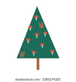Funny spruce with mushrooms and squirrel. Vector hand drawn illustration.