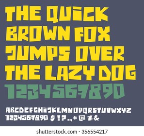 Funny square bold font with numbers. Vector alphabet.