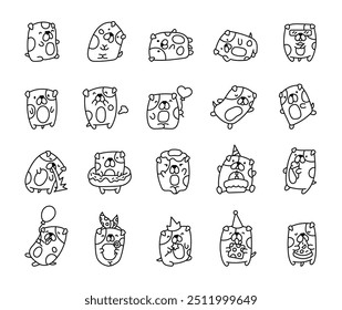 Funny square dog with spots. Coloring Page. Kawaii animal cartoon character. Hand drawn style. Vector drawing. Collection of design elements.