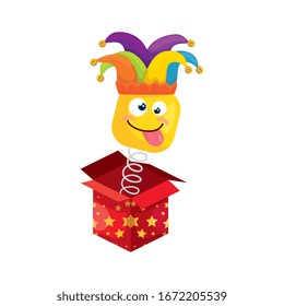 funny square emoticon crazy with hat buffon in box surprise vector illustration design