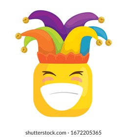 funny square emoticon smiling with hat buffon vector illustration design