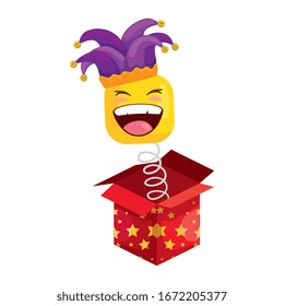 lustiges quadratisches Emoticon lächeln mit Hut Büffon in Box Überraschung Vektorillustration-Design