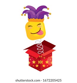 funny square emoticon with tongue out and hat buffon in box surprise vector illustration design