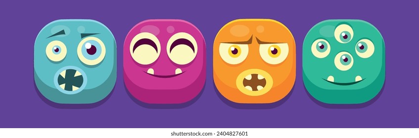 Funny Carácter cuadrado de cara con conjunto de vectores de iconos de emoción