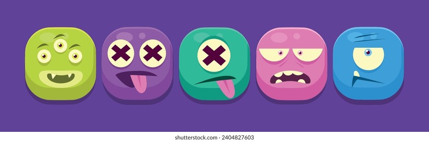 Funny Square Face Character with Emotion Icon Vector Set