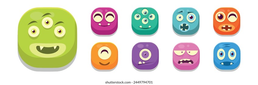 Funny Square Face Character with Emotion Icon Vector Set