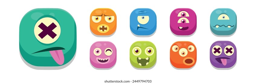 Funny Square Face Character with Emotion Icon Vector Set