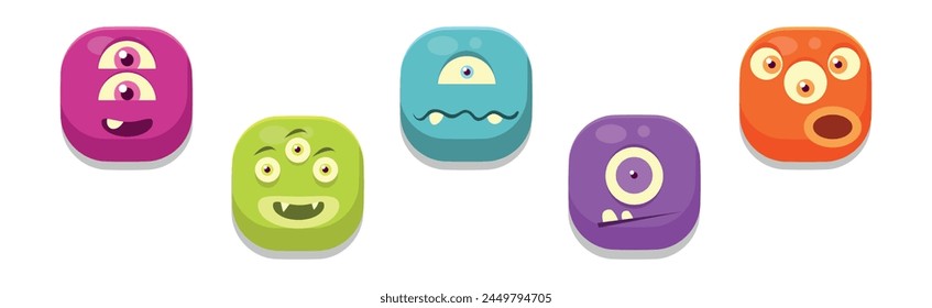 Funny Square Face Character with Emotion Icon Vector Set