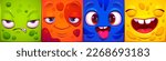 Funny square faces of cartoon monster characters. Abstract avatars with different emotions. Cute comic portraits of angry, happy, crazy and laughing people, vector illustration