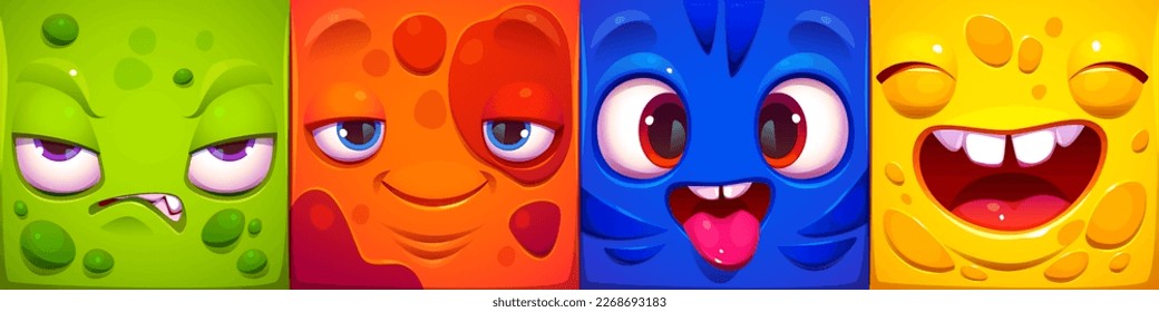 Caras cuadradas divertidas de personajes monstruo de caricaturas. Asistentes abstractos con diferentes emociones. Retratos cómicos de gente enfadada, feliz, loca y riéndose, ilustración vectorial