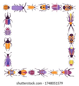 Funny square frame with stylized cute insects - colorful kids style beetles purple, yellow, orange colors. Bugs doodle collection with small decorative elements. Border template isolated on white. 