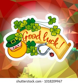Funny square label with shamrock, leprechaun and text "Good luck!". St. Patrick Day background. Vector clip art.