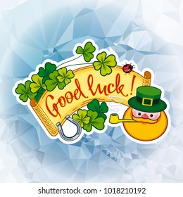 Funny square label with shamrock, leprechaun and text "Good luck!". St. Patrick Day background. Vector clip art.