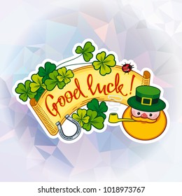 Funny square label with shamrock, leprechaun and text "Good luck!". St. Patrick Day background. Vector clip art.