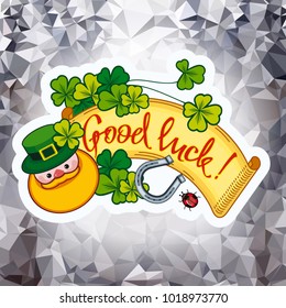 Funny square label with shamrock, leprechaun and text "Good luck!". St. Patrick Day background. Vector clip art.
