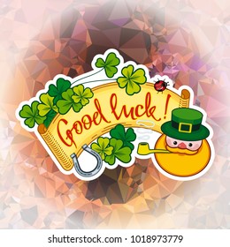 Funny square label with shamrock, leprechaun and text "Good luck!". St. Patrick Day background. Vector clip art.