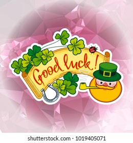 Funny square label with shamrock, leprechaun and text "Good luck!". St. Patrick Day background. Vector clip art.