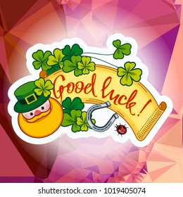 Funny square label with shamrock, leprechaun and text "Good luck!". St. Patrick Day background. Vector clip art.