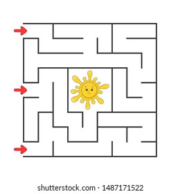 Funny square maze. Game for kids. Puzzle for children. Cartoon style. Labyrinth conundrum. Color vector illustration. Find the right path. The development of logical and spatial thinking.