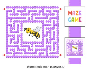 Funny square maze. Game for kids. Puzzle for children. Cartoon style. Labyrinth conundrum with character. Color vector illustration. Find the right path. With answer.