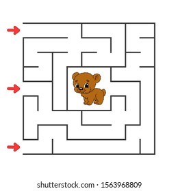 Funny square maze. Game for kids. Puzzle for children. Cartoon character. Labyrinth conundrum. Color vector illustration. Find the right path. The development of logical and spatial thinking.