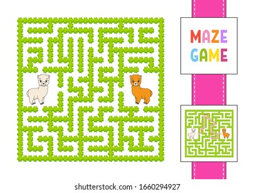 Funny square maze. Game for kids. Animal alpaca. Puzzle for children. Labyrinth conundrum with character. Color vector illustration. Find the right path. With answer.