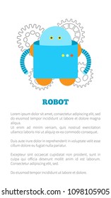 Funny square robot in blue corpus with small panel on promo poster, sample text. Cubic bot that has limbs and buttons cartoon vector illustration.
