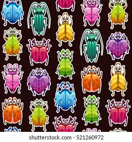 Funny square seamless pattern with different bright cartoon colorful bugs. Beetle stickers texture. Vector childish endless illustration.