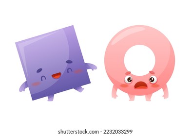 Funny Square and Torus as Geometric Shape Character with Happy and Scared Face Expression Vector Set