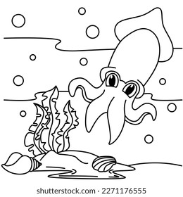 Funny squid cartoon characters vector illustration. For kids coloring book.