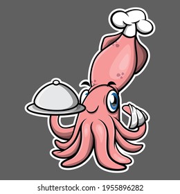 Funny Squid cartoon characters wearing chef hat and carrying arm towel and cloche, best for mascot or logo for seafood culinary business