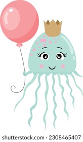 Funny squid with crown holding a balloon
