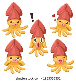 Funny squid emoji in background poster Collection, cartoon characters in kids concept, isolated flat colorful vector illustration