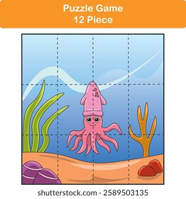 Funny squid. Puzzle games for kids. 12 piece. Child education. Vector illustration