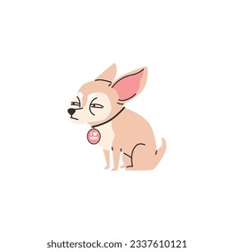 Funny squinting chihuahua dog with medallion on neck flat style, vector illustration isolated on white background. Decorative design element, little pet, I love mom text